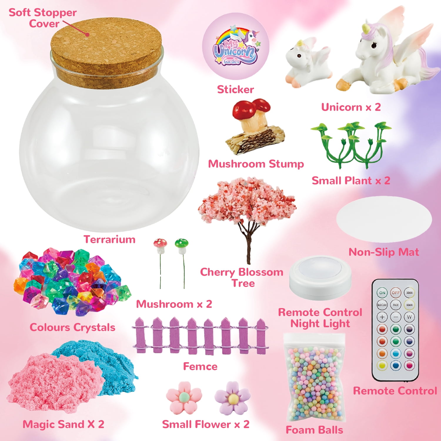 Flooyes Unicorn Toy for Girls 3 4 5 6 7 8+ , DIY Terrarium Kit for Kids, Art& Crafts Kit, Colorful LED Night Light Birthday  Gift for Kids 3-6 Years