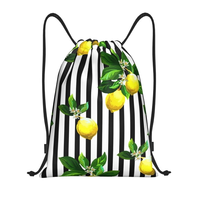 Xecao Lemons on Striped Pattern Sports Drawstring Backpack - String Swim Gym Bag with Wet Proof Pocket for Women&Men-Small