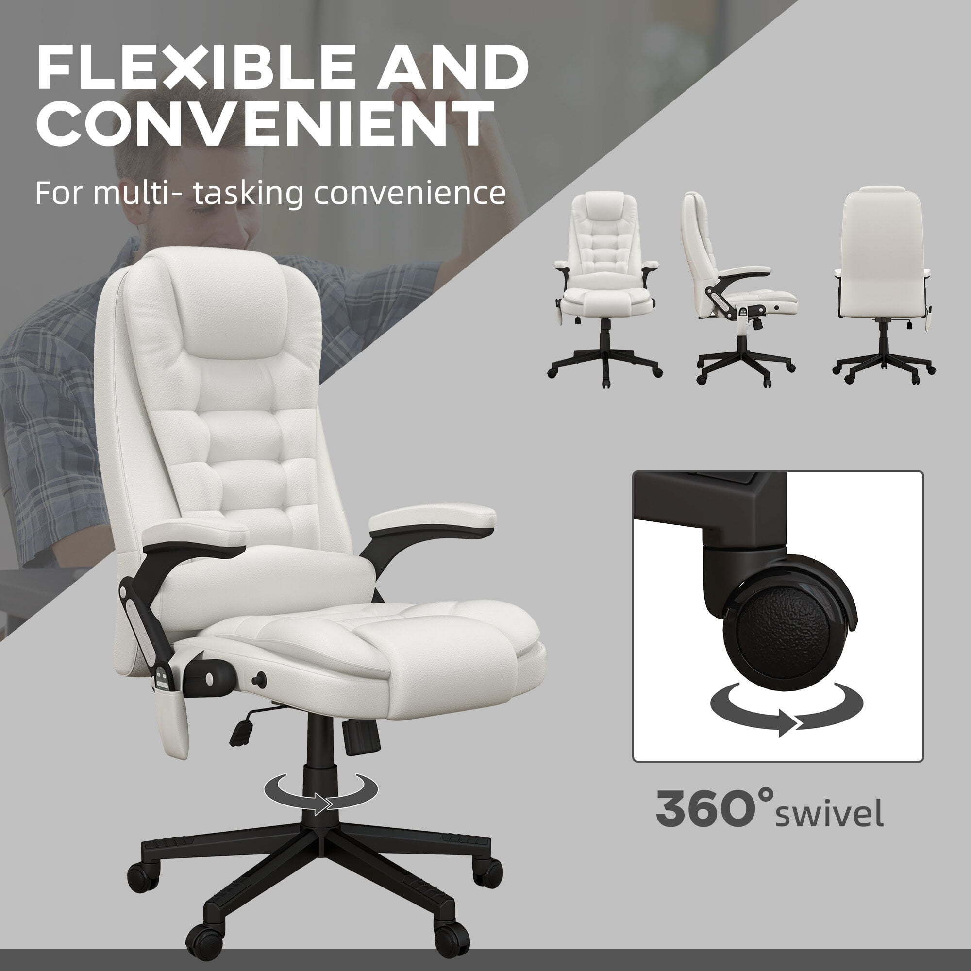 Ergonomic High Back Massage Office Chair with 6 Vibration Points and Heat, Reclining PU Leather Computer Chair with Remote, White for Home Office
