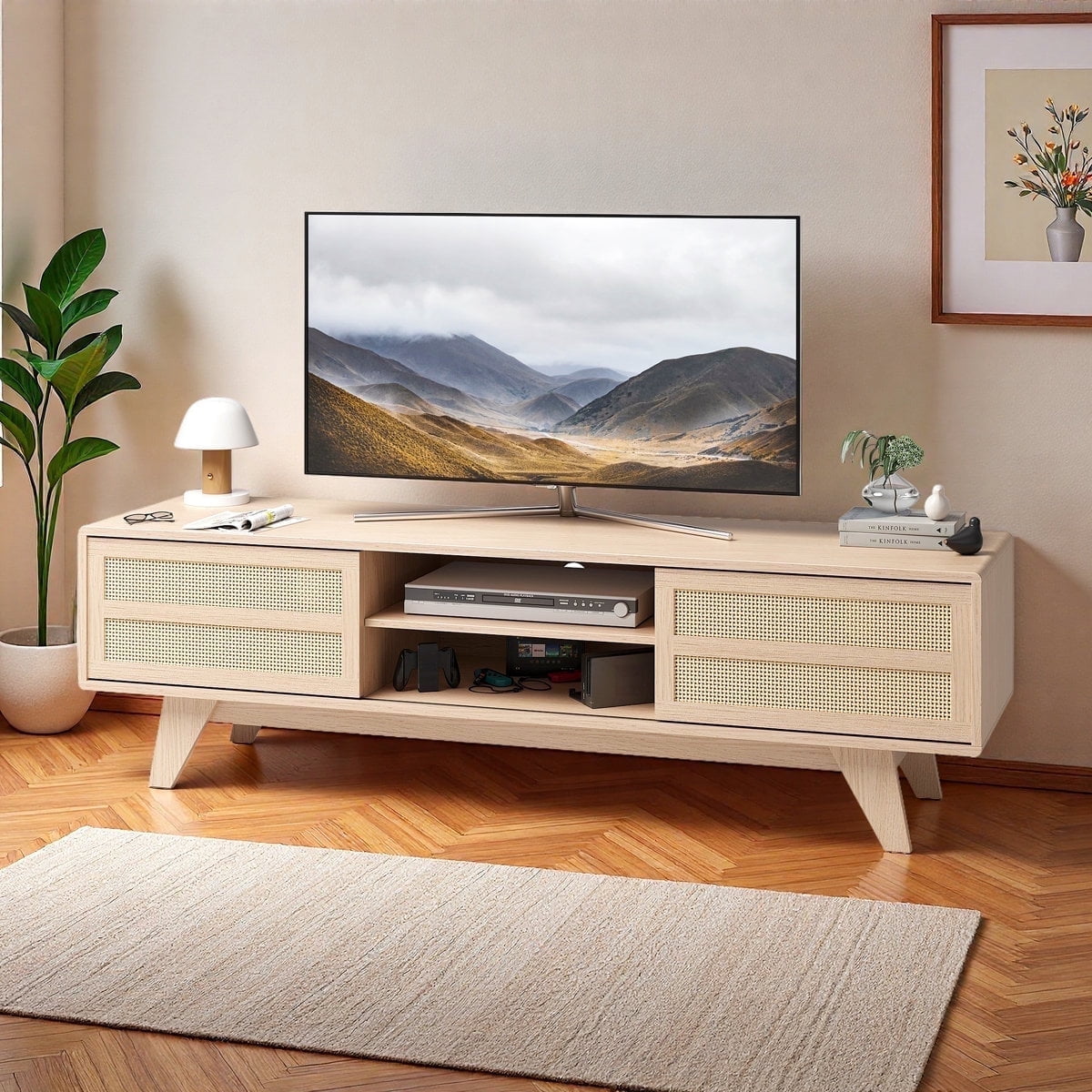 Home Modern Style 65 inch TV Stand for Living Room - TV Stand for TVs up to 65 inches Entertainment Center with Storage - Media TV Cabinet with Doors & Adjustable Shelves,Oak