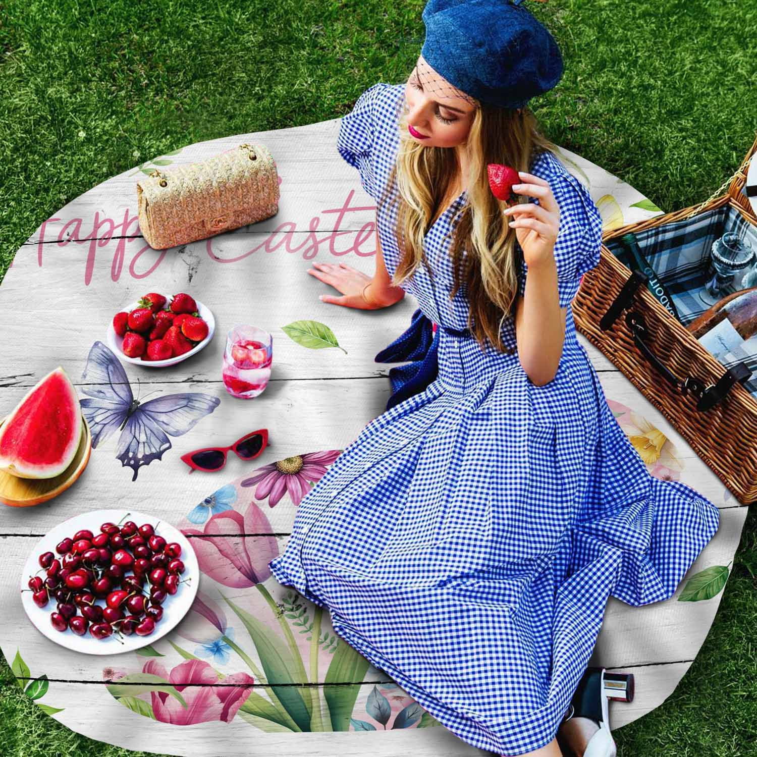 Round Tablecloth Happy Easter Waterproof Oil Proof Polyester Table Cloth Cover Decor for Home Dining Outdoor,Patio,Parties, 60" Dia. Spring Floral Rabbit Bunny Rustic Wood