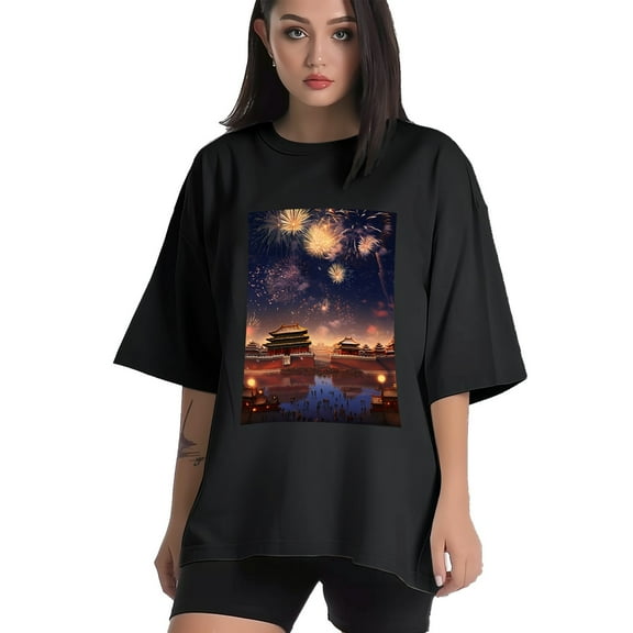 Plus Size Shirt for Women Black Tops for Women Short Sleeves Shirt for Women Fireworks Sky T Shirt Crewneck Shirt for Women XS