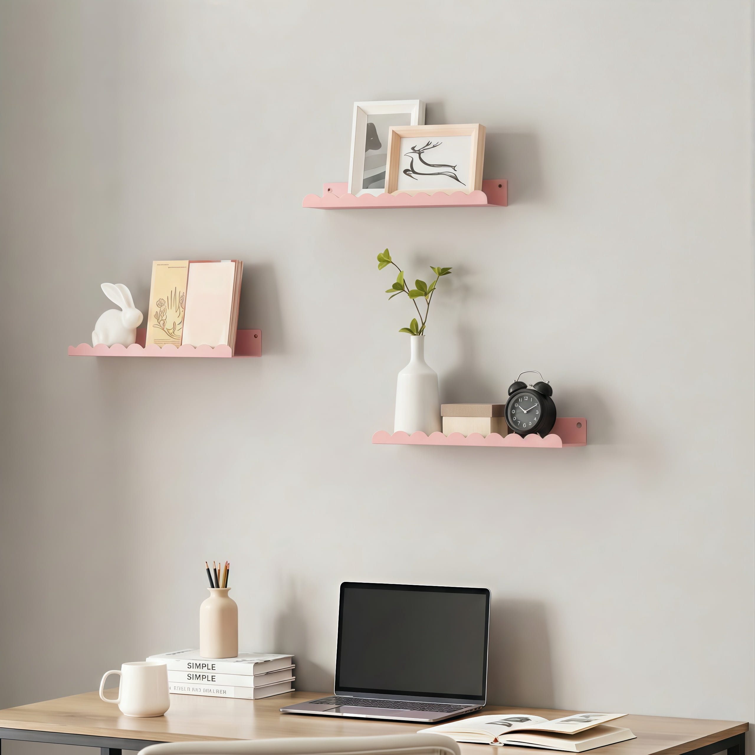 6-Piece Pink Metal Floating Shelves, 16" Cute Wall Bookshelf & Toy Display for Girls Room, Nursery