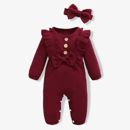 

PatPat Baby Girl Ribbed Jumpsuit with Headband Set Long Sleeve Ruffle Bowknot Button Down Romper 0-12month