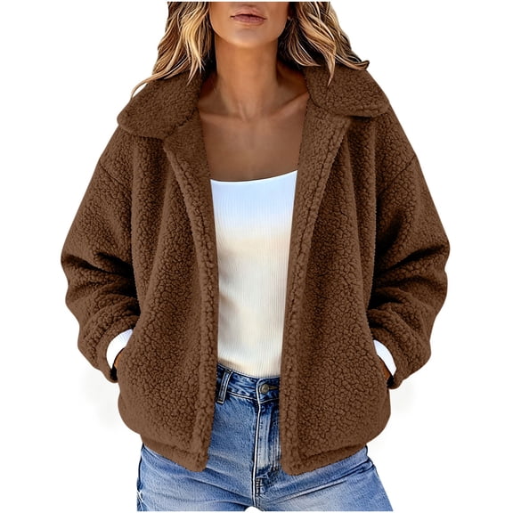 Women's Open Front Sherpa Fleece Jacket, Casual Lapel Teddy Coat With Pockets Simple and Comfortable for Any Season