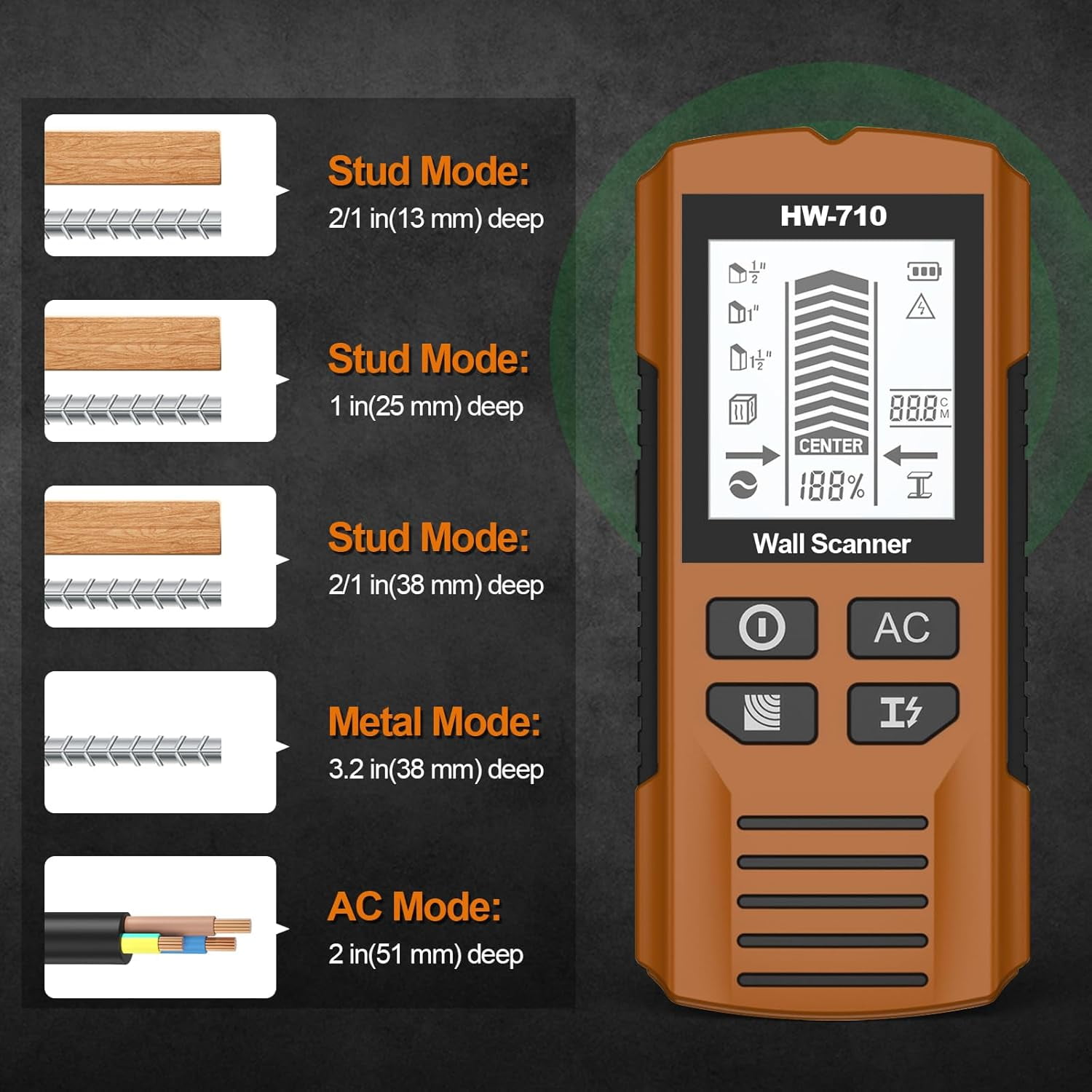 Wiher Stud Finder Wall Scanner, 5 in 1 Electronic Stud Detector with Upgraded Smart Sensor, Audio Alarm and HD LCD Display for the Center and Edge of Wood, AC Wire, Metal and Studs Detection(Orange)