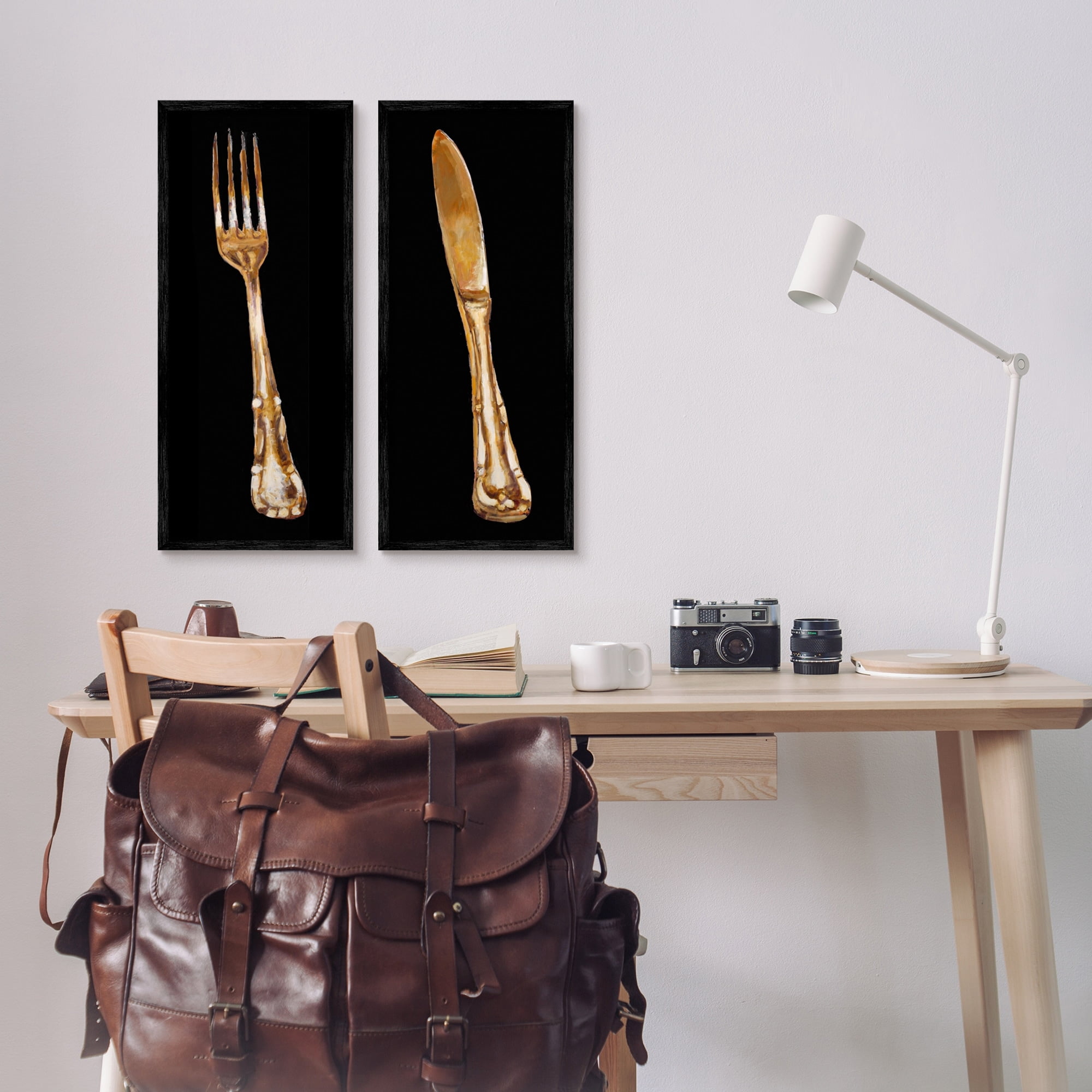 Stupell Industries Vintage Patina Cutlery Fork Knife Kitchen Portraits Framed Wall Art, 10 x 24, Design by Adolf Llovea