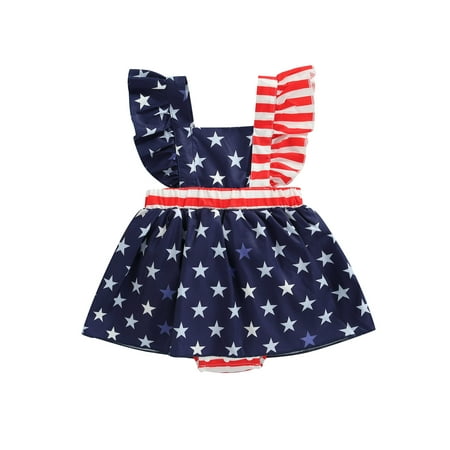 

xkwyshop Newborn Baby Girl 4th of July Independence Day Romper Dress Star and Stripe Print Fly Sleeves One-piece Skirt 12-18 Months
