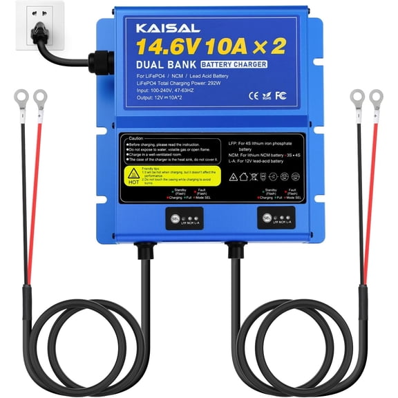 KAISAL 2-Bank Battery Charger 12V 20A(10A/Bank), IP67 Waterproof OnBoard Marine Charger for LiFePO4 & Lead-Acid & NCM Lithium Battery, LI150A