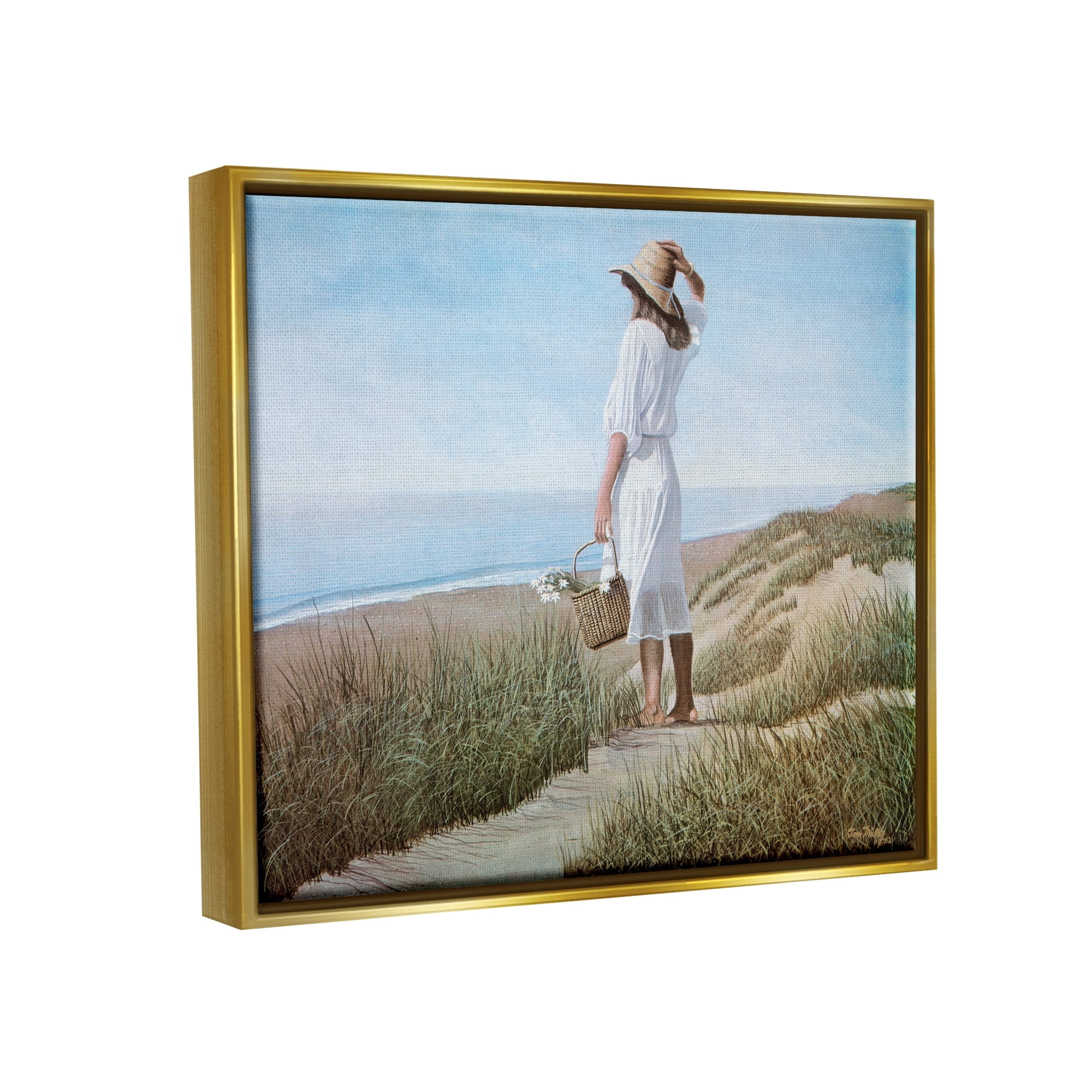 Stupell Industries Woman Enjoying Peaceful Beach Shore Landscape View Painting Metallic Gold Floating Framed Canvas Print Wall Art, Design by Tom Mielko