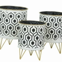 Set of 3 Andrey Retro Metal Planters - Black/White Geometric Round Floor-Standing Pots with Sturdy Legs for Home/Office Decor, Space-Saving Vertical Design for Houseplants, No Assembly Required