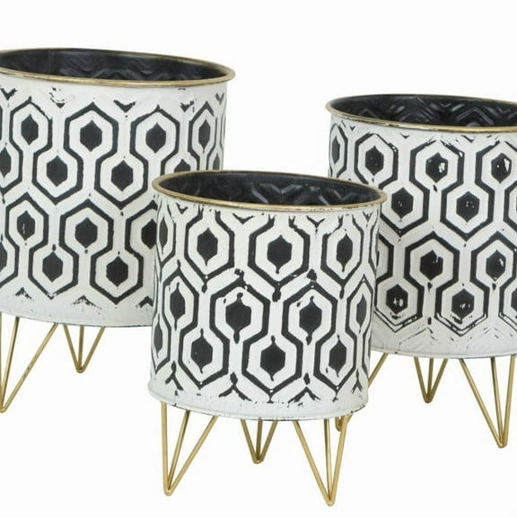 Set of 3 Andrey Retro Metal Planters - Black/White Geometric Round Floor-Standing Pots with Sturdy Legs for Home/Office Decor, Space-Saving Vertical Design for Houseplants, No Assembly Required
