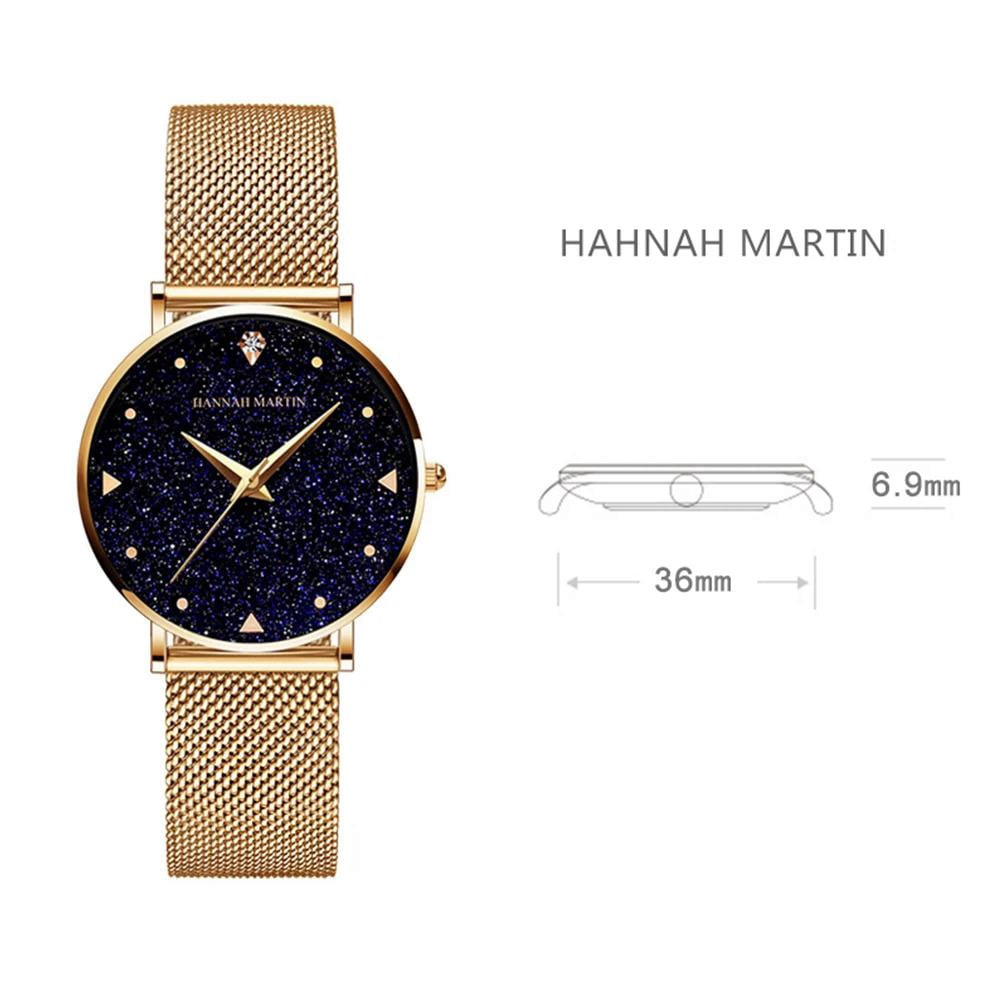 Hannah Martin Ladies Watch Japan Quartz Movement Stainless Steel Mesh Band Wristwatches Flash Night Stars Face Watches For Women