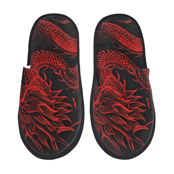 Fotbe Red Dragon On Black Pantuflas Peludas para Mujer con Estampado, Zapatillas de Peluche, Zapatos de Invierno para Casa, Uso Interior y Exterior-Large