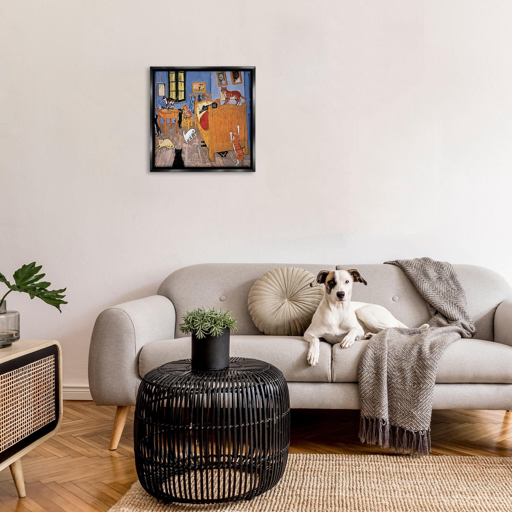 Stupell Industries Cats in Bedroom Classics Parody Animals & Insects Painting Black Floater Framed Canvas Art Print Wall Art, 25 x 25