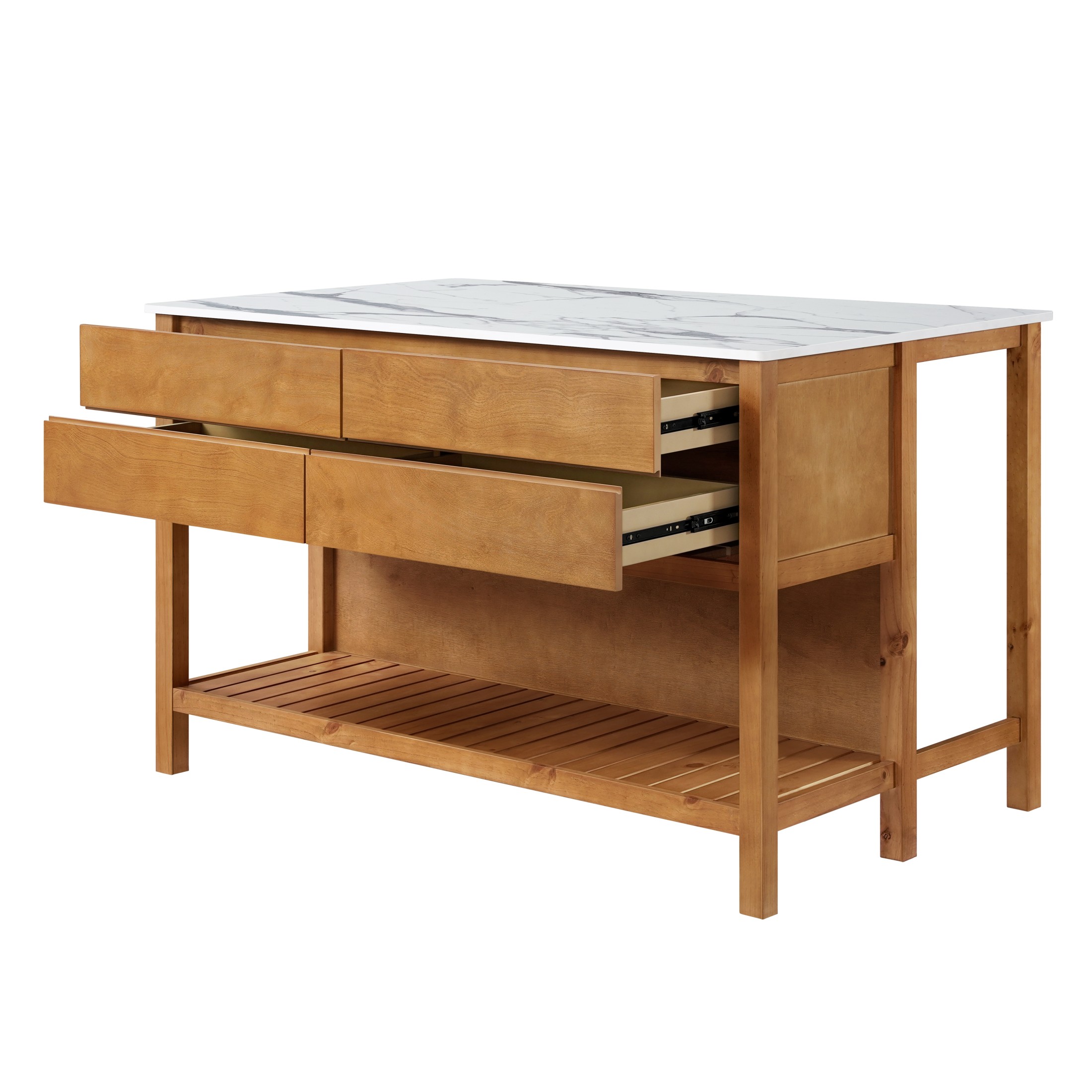 Christopher Knight Home 57" Kitchen Island Cabinet, Solid Wood with Marble Veneer Top, Natural+White