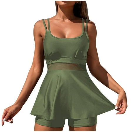 Hfyihgf Women s Two Piece Tankini Swimsuits Tummy Control Bathing Suit Mesh Patchwork Flowy Tank Tops with Boyshorts Beachwear(Green XL)