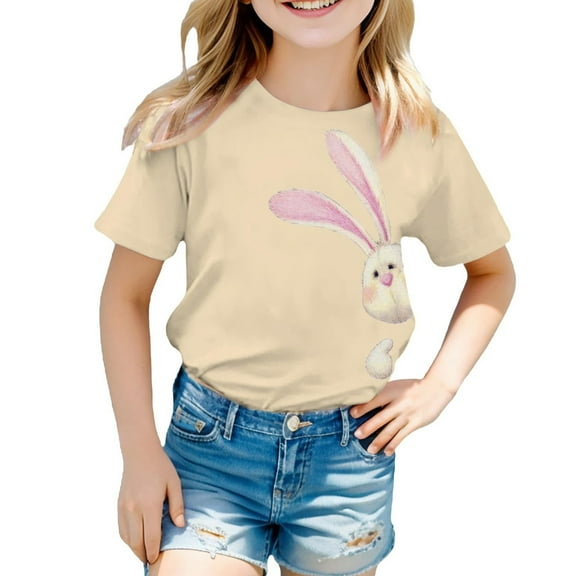 MUXiin Easter Shirts for Girls Cartoon Rabbit Short Sleeve T-Shirt Trendy Happy Easter Tee Shirt Children's Shirts Easter Gifts for Boys(Beige,6-7 Years)
