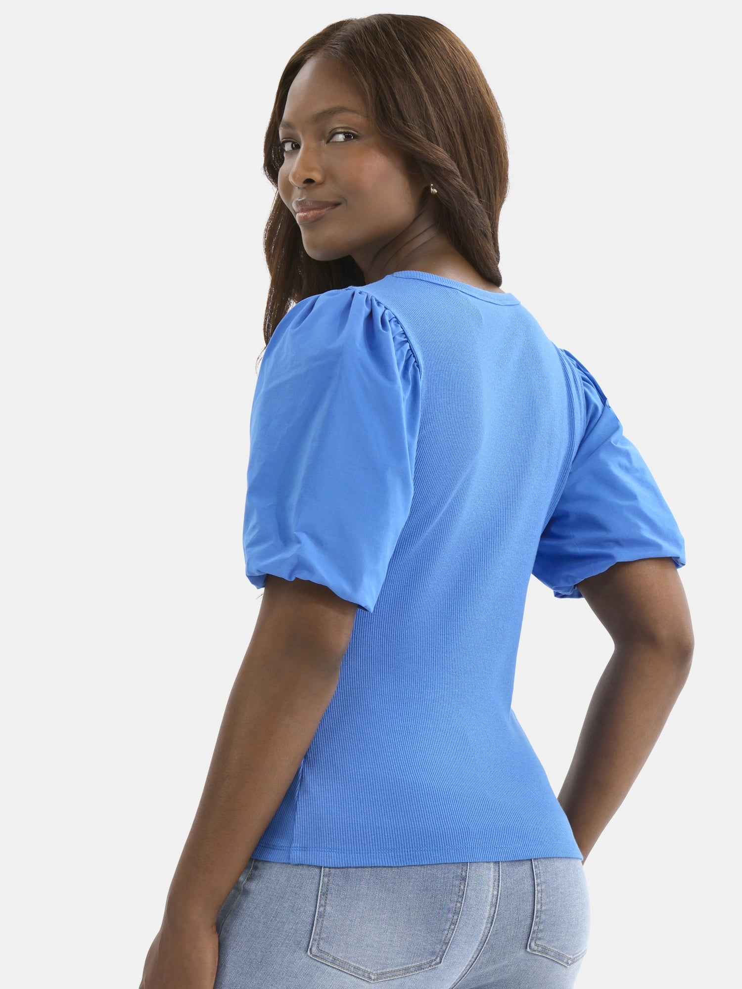 Time and Tru Women's Mixed Media Top with Puff Sleeves, Sizes XS-XXXL