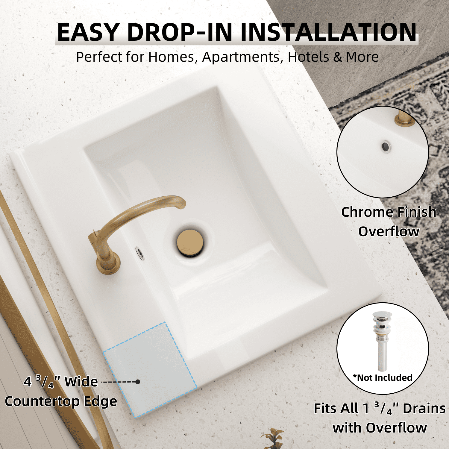 Los Flexi Drop-In Bathroom Sink 20” × 18” Durable Glossy White Ceramic Rectangular Classic Style with Single Faucet Hole & Overflow
