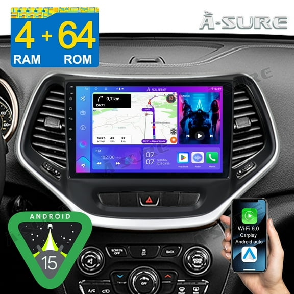 10.1" Android 15 Stereo 4 64GB Car Radio for Jeep Cherokee 2014-2018 with Apple CarPlay/Android Auto/GPS Navi/Wi-Fi/BT 5.4/DSP/SWC