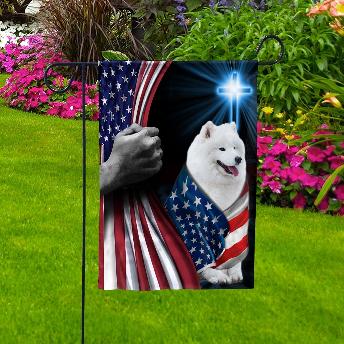 Hand Pulling USA Flag Samoyed Dog Wearing Flag American Standing under Cross Christian Patriotic House Flag (3x5) Double Sided- Premium Polyester-Decorative Indoor Outdoor Flag