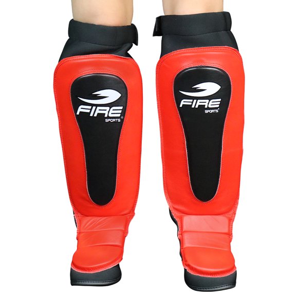 Par de Espinilleras de Piel Tipo Calceta Fire Sports MMA, Kick Boxing, Muay Thai, Rojo