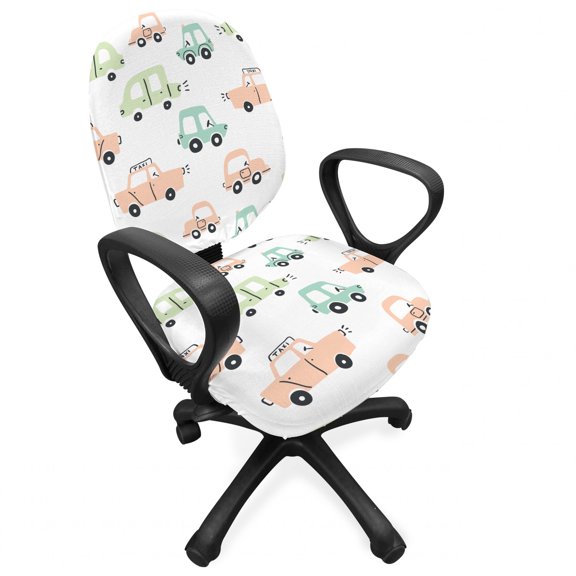 Cartoon Office Chair Slipcover, Pastel Colored Style Cars Toys Traffic Jam Doodle, Protective Stretch Decorative Fabric Cover, Standard Size, Peach Mint Green, by Ambesonne