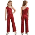 thumbnail image 2 of Aislor Kids Girls One Shoulder Sequined Pageant Romper Ball Gown Sleeveless Party Jumpsuit Pants Burgundy 8, 2 of 7