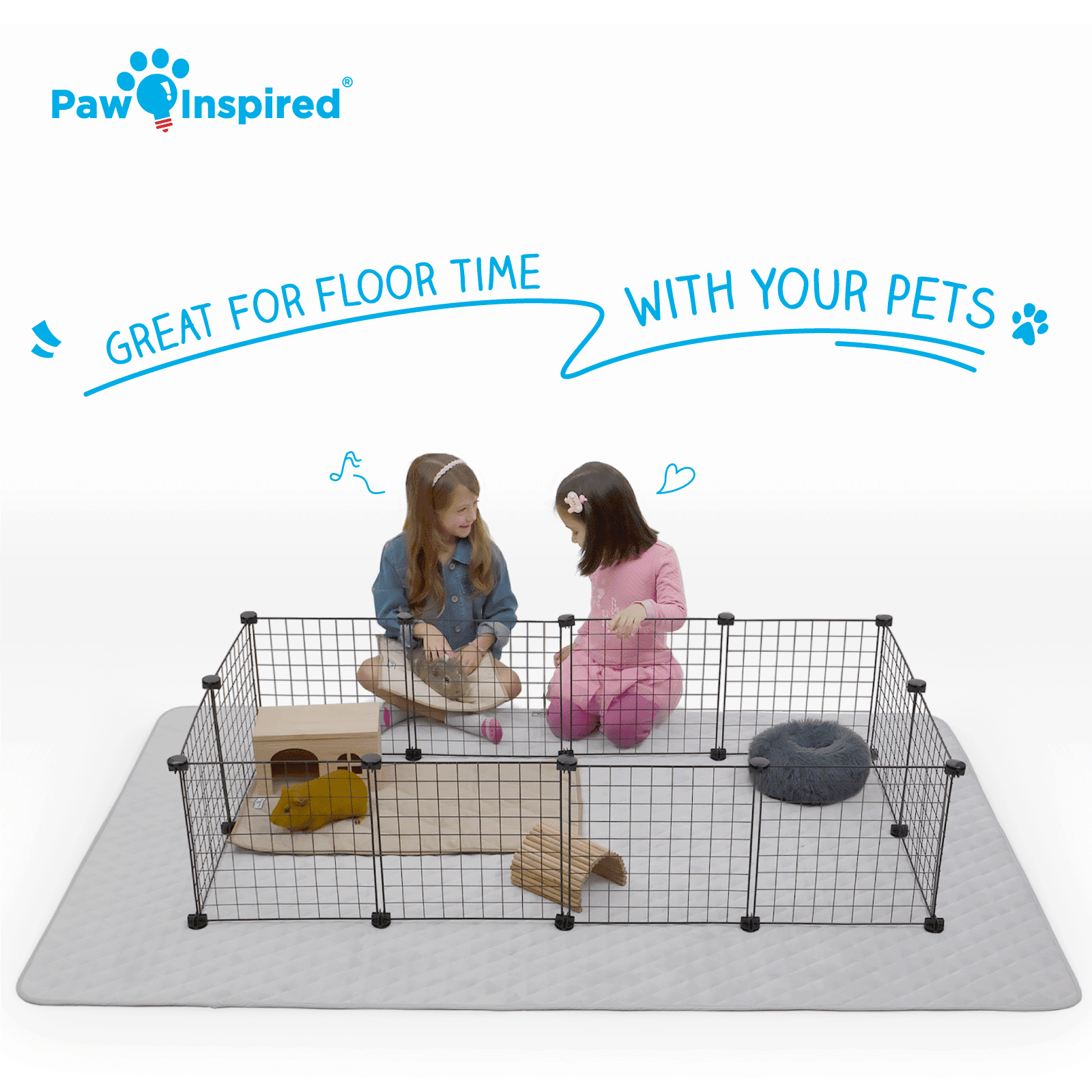 Paw Inspired 80x50” Waterproof Dog Playpen Mat, Pet Kennel Play Pen Pad for Puppy, Rabbit, Guinea Pig, Small Animals | Super Absorbent Fleece Cage Liner with Non-Slip Bottom (Light Gray)