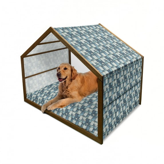 Colorful Pet House, Denim Motif Background with Several Sewing Simplistic Abstract Design, Outdoor & Indoor Portable Dog Kennel with Pillow and Cover, 5 Sizes, Pale Blue Blue, by Ambesonne