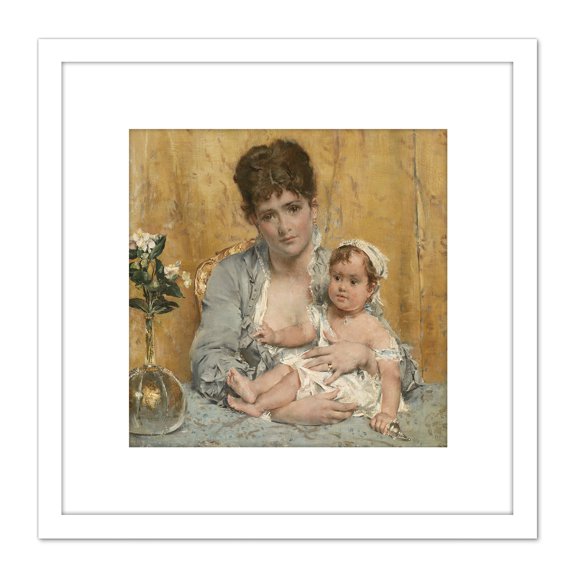 Alfred Stevens Mother And Child Painting 8X8 Inch Square Wooden Framed Wall Art Print Picture with Mount