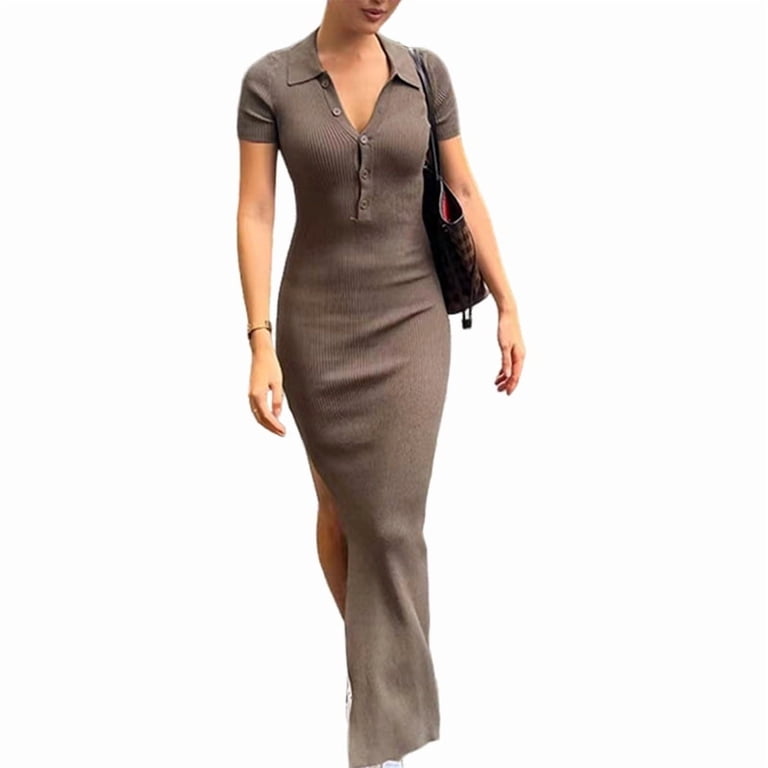ribbed button front bodycon dress Yellow Bodycon Midi Dress - Ribbed Dress - Button-Front Dress