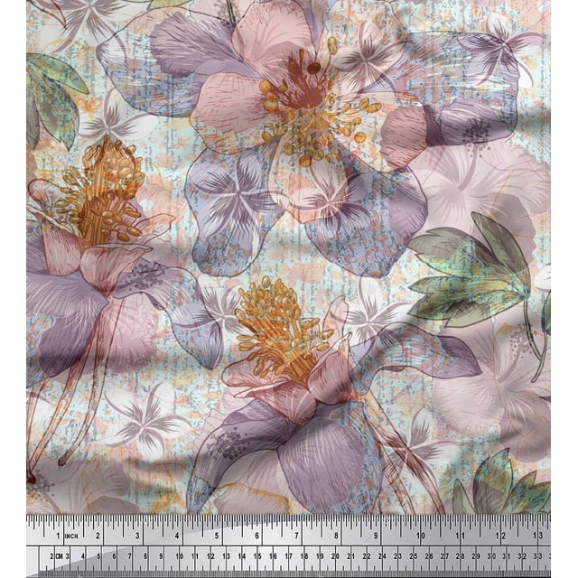Soimoi polyester Crepe Fabric Leaves & Lily Flower Print Fabric by the Yard 42 Inch Wide