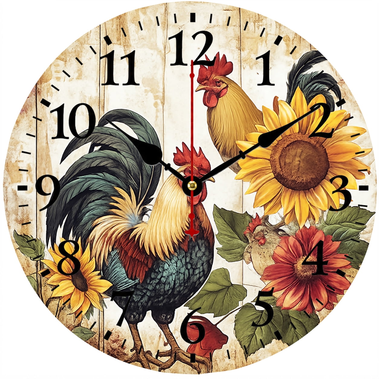 9.84 Inch Rooster Wall Clock, Sunflower Farmhouse Kitchen Decor, Battery Operated Analog Clock, Easy to Read for Dining Room