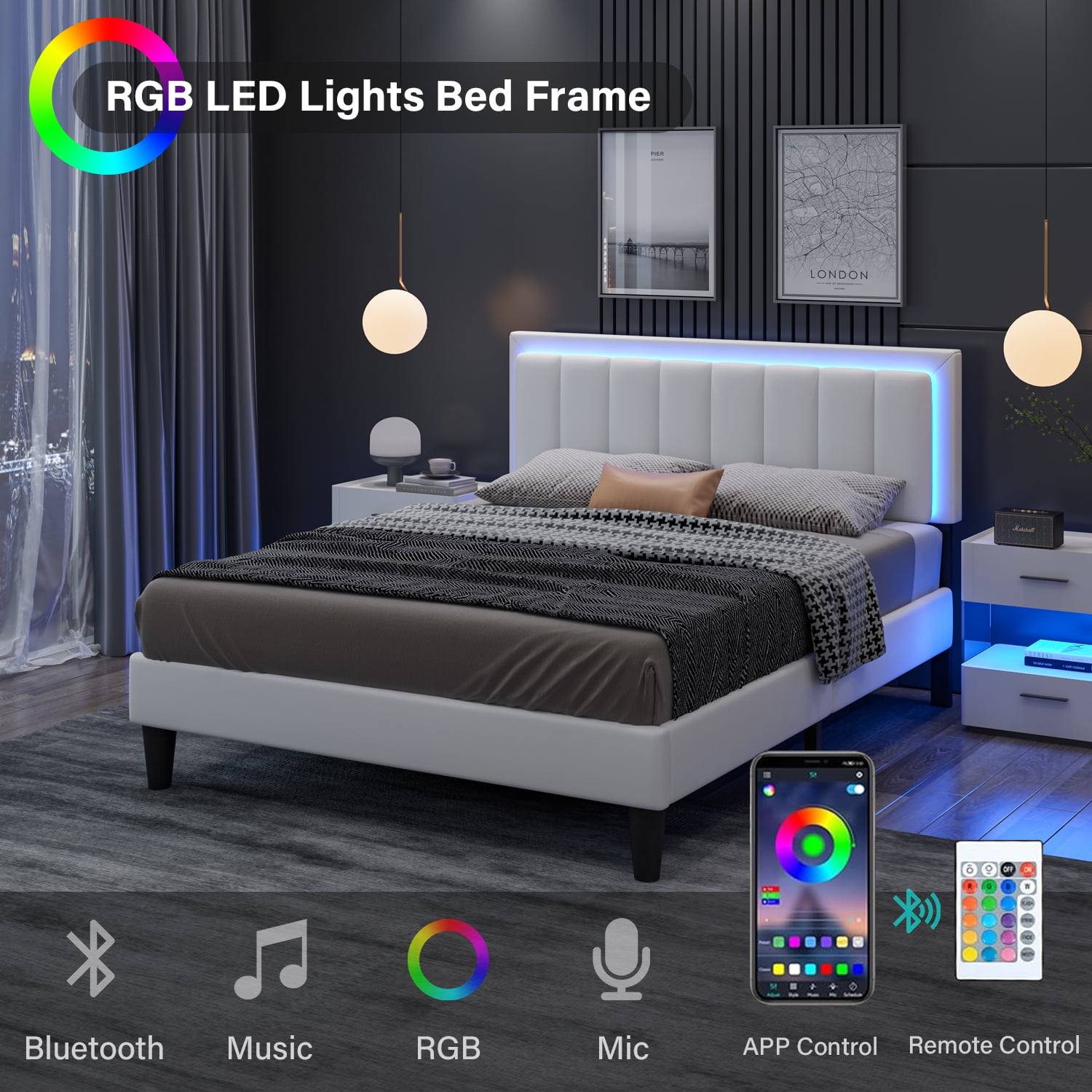 4 EVER WINNER LED Queen Size Bed Frame, White Queen Bed Frame with Led Light Headboard, PU Leather Upholstered Bed Frame, White