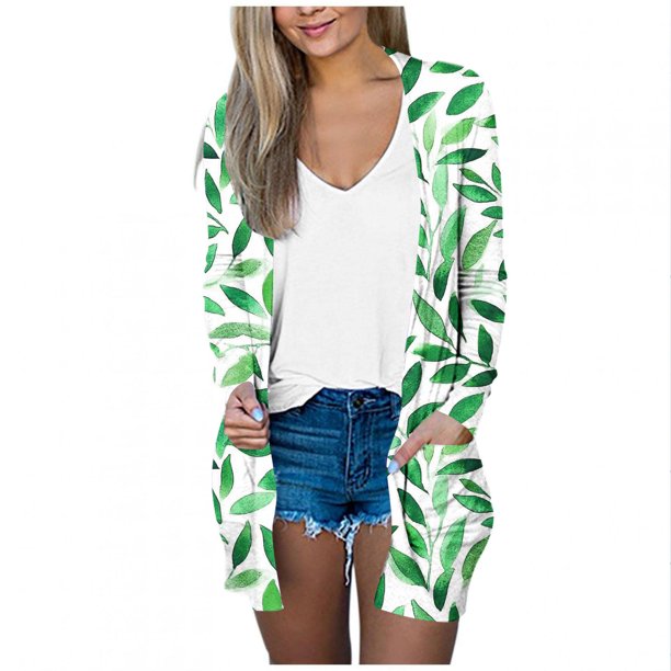 Mujeres de Manga Larga Tops de Impresión Casual Blusa de Bolsillo Cardigan Algodón Poliéster, Moda Señoras Top para el Uso Diario Y Casual de Primavera