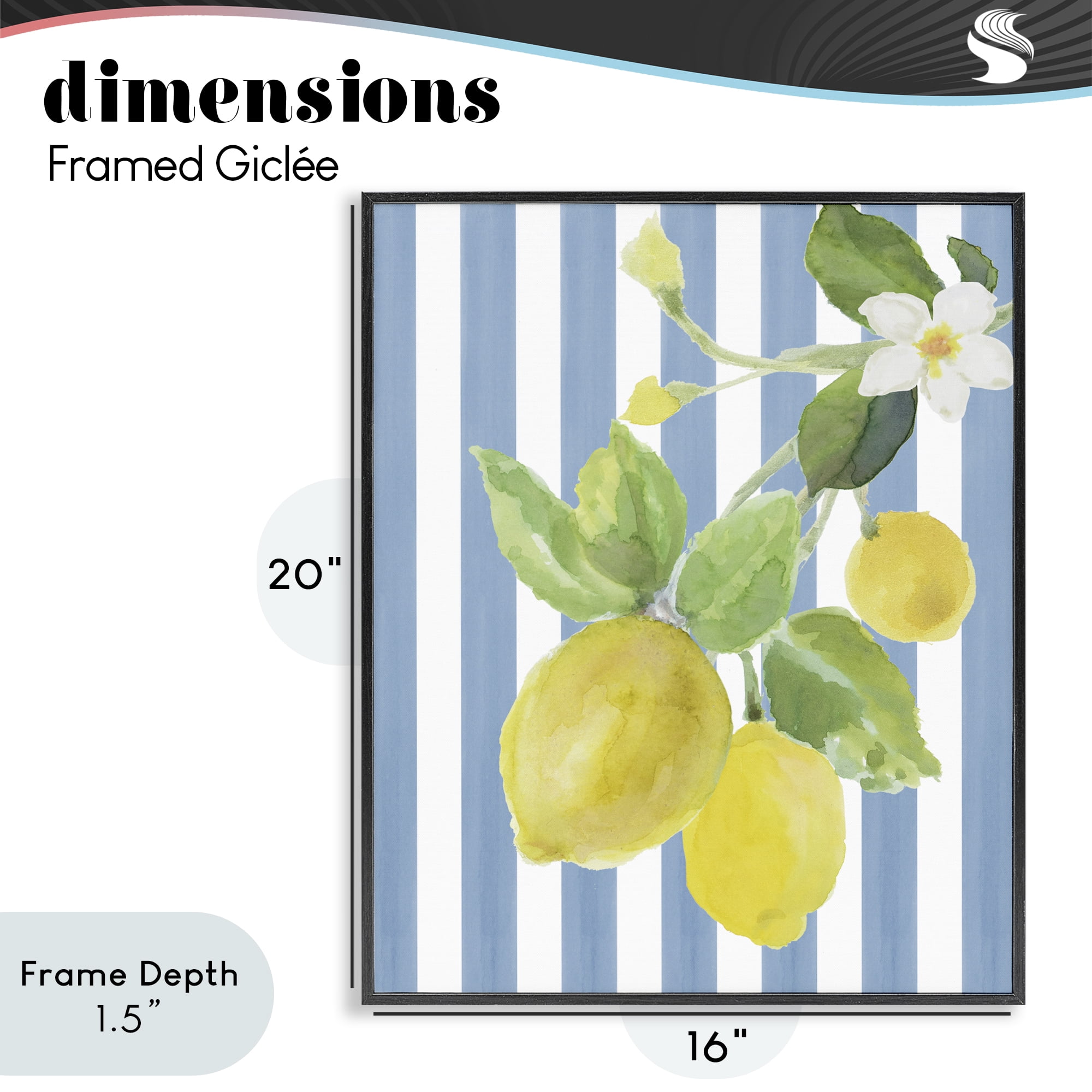 Stupell Industries Lemon Blossom on Blue Stripes Black Framed Giclee Art, design by Lanie Loreth