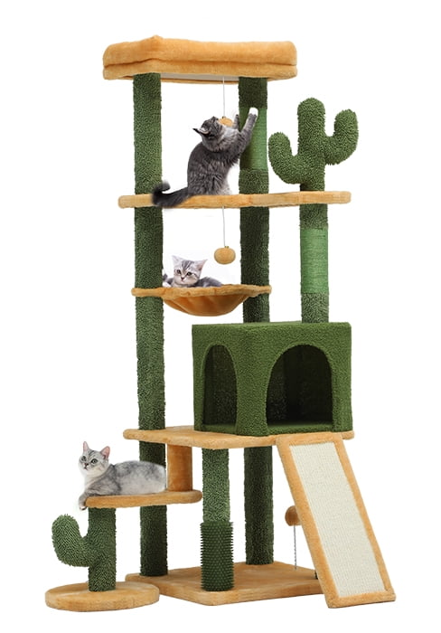Uforic 60" Cactus Cat Tree Tower, Multi-Level Cat Tree House with Scratching Post, Ladder & Pompom Balls, Green&Yellow