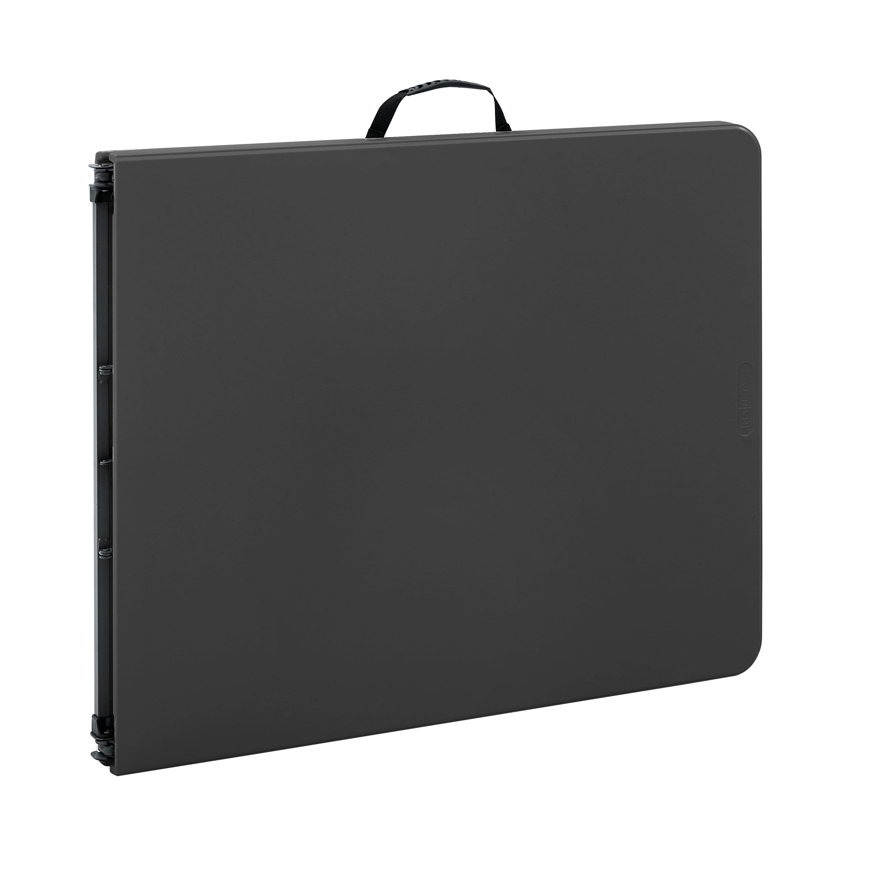Mainstays Black 6 Foot Fold-in-Half Plastic Table, Indoor Outdoor, Scratch Resistant, Stain & UV Damage, Built-in Carry Handle