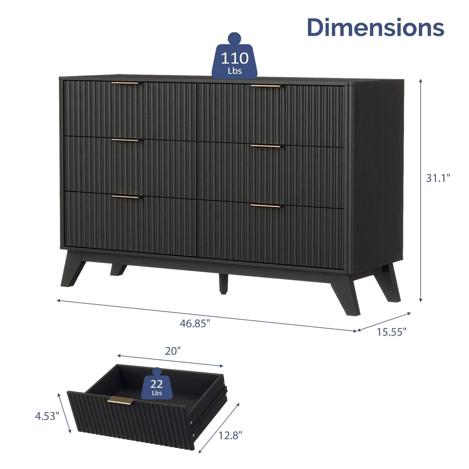 Ktaxon Modern 6 Drawer Dresser Fluted Wood Chest of Drawers with Soft Close Slides Storage Cabinet for Bedroom Living Room or Entryway Black