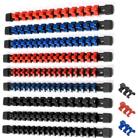 

9 PC ABS Socket Organizer 1/2 inch 3/8 inchand1/4 inch Drive Socket Rail Holders Heavy Duty Socket Racks Black Rails with Red Blue Black Clips