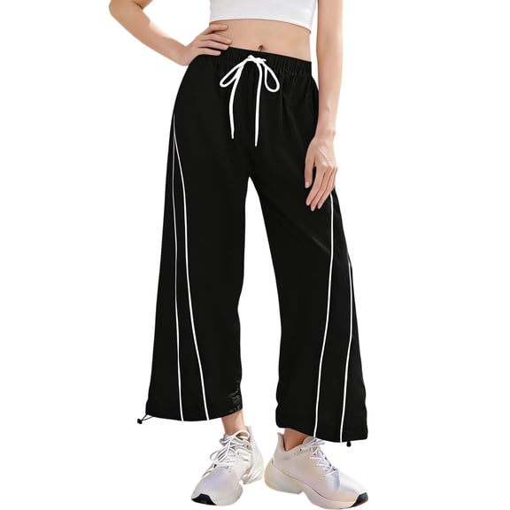 KDDYLITQ Track Pants Women Cropped Elastic Waist Wide Leg Striped Trousers Outdoor Hiking Workout Casual Joggers Pants with Pockets Black XL