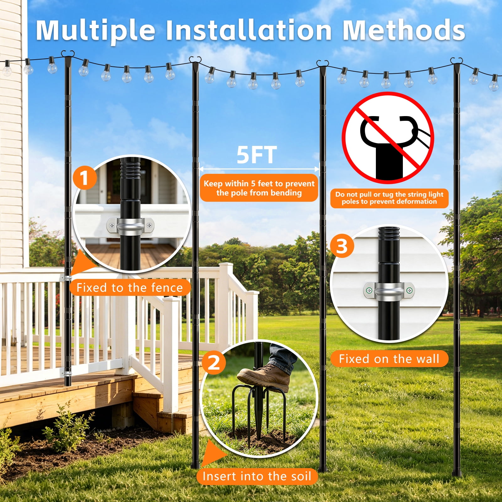JYTOBN 10Ft String Light Poles 8 pack,Poles for Hanging Outdoor String Lights with Fork and Fence Clamp,Freestanding or Mounted on Fence/Deck/Patio