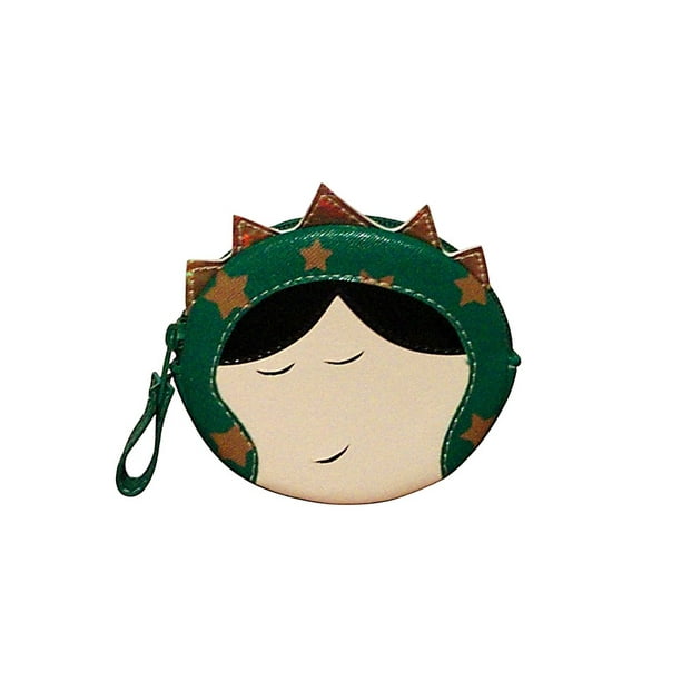 Monedero de VIRGEN DE GUADALUPE Caricatura, la GUADALUPANA, Forma Redondo, Color Verde, Diseño de Estrellitas, Estilo Kawaii. Novedoso y Encantador.