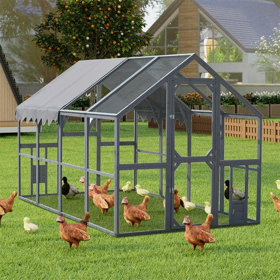 110" Metal Chicken Coop, Outdoor Large Chicken Run Rabbit Pet Playpen with Waterproof Cover for Yard Backyard Farm, Gray