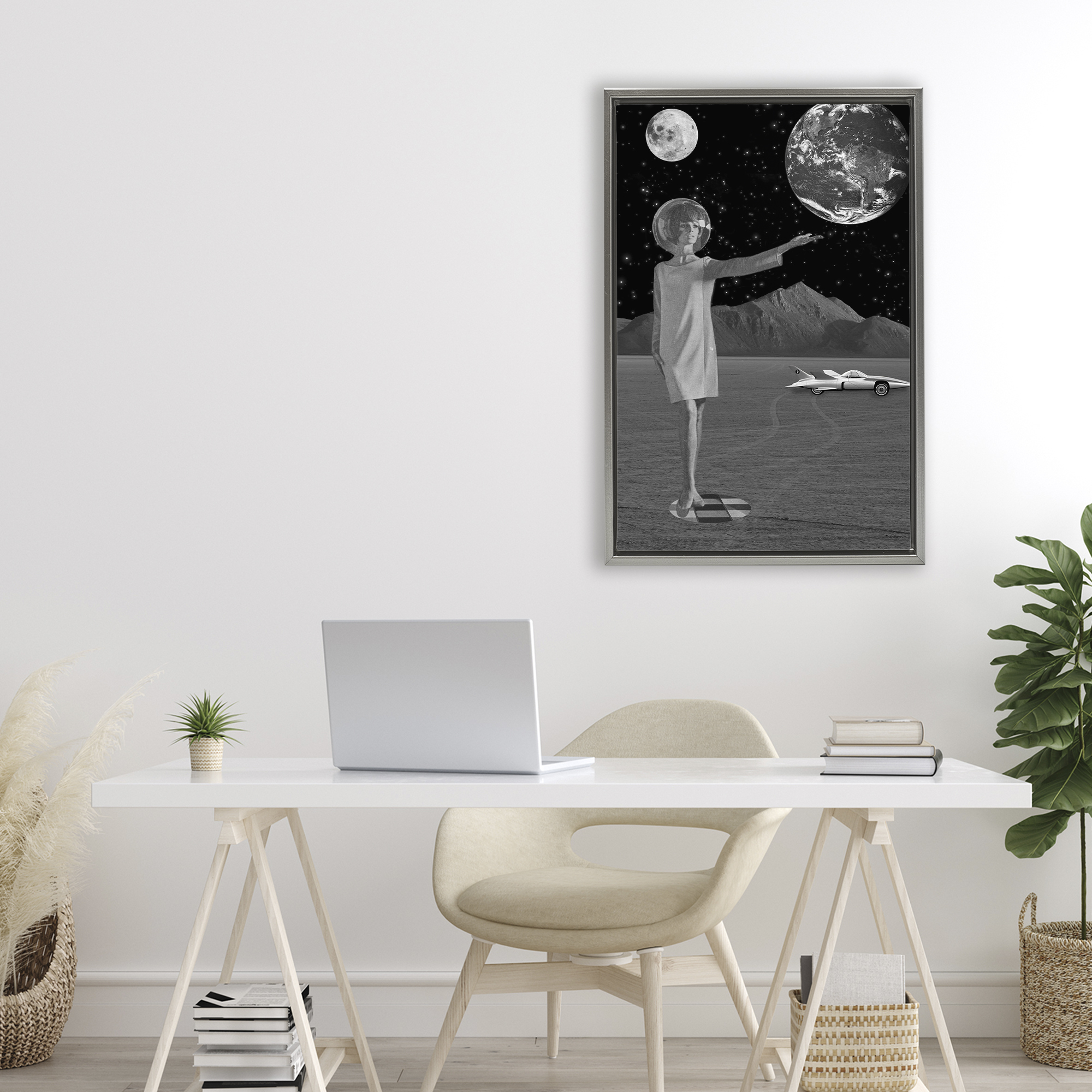 On A Mission Retro Space Gray Framed Floater Canvas Wall Art, design by Elo Marc