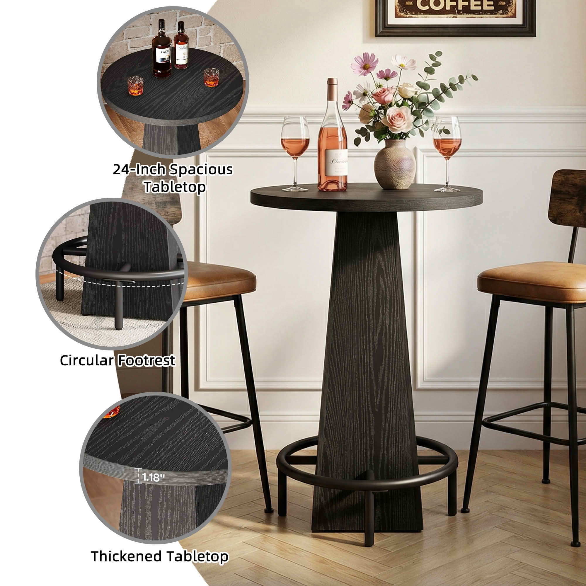 MAYEERTY 23.7" Round Cocktail Pub Table, Space-Saving Modern Rustic Table for Home Bar & Office Lounge, Anti-Wobble Stable Design