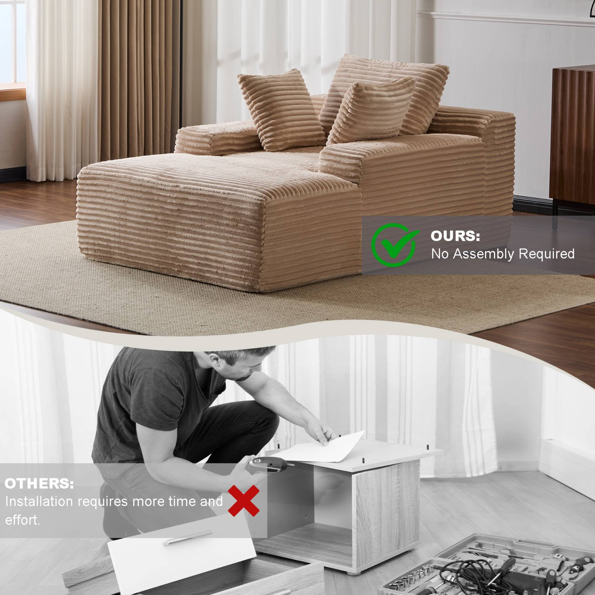 Oversized Chaise Lounge Sofa Chair, Comfy Cloud Sofa Bed, Sleeper Couch with Throw Pillows or Living Room, Beige