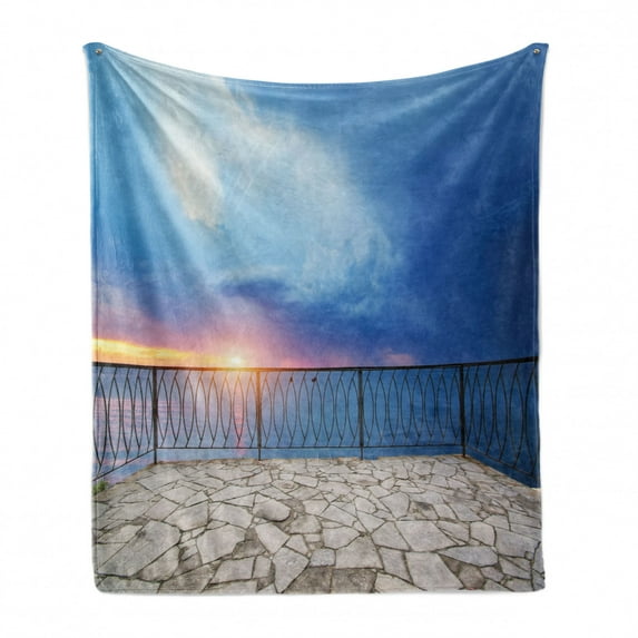 Modern Soft Flannel Fleece Throw Blanket, Balcony View Landscape of Ocean Sea as Sunset or Dawn Photograph, Cozy Plush for Indoor and Outdoor Use, 70" x 90", Pale Blue White, by Ambesonne